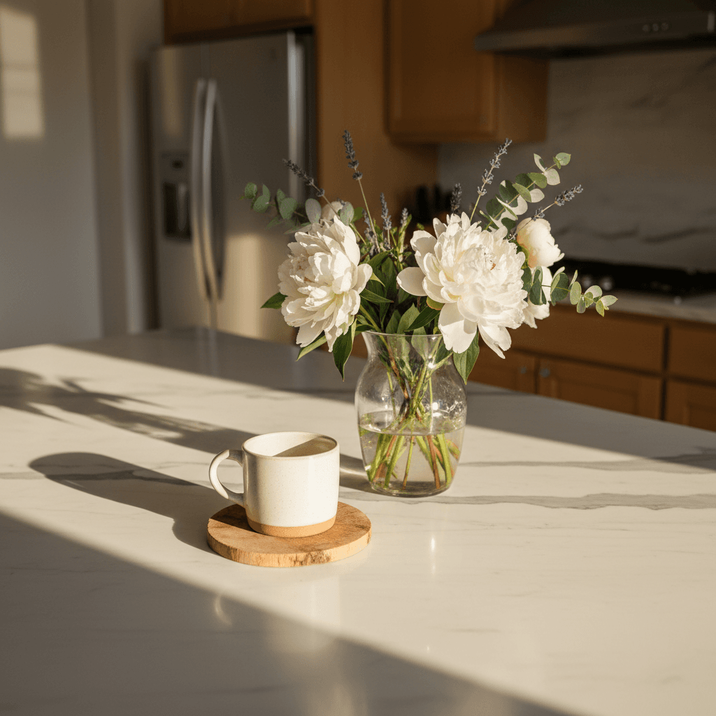 Kitchen island detail with marble countertop and natural morning light