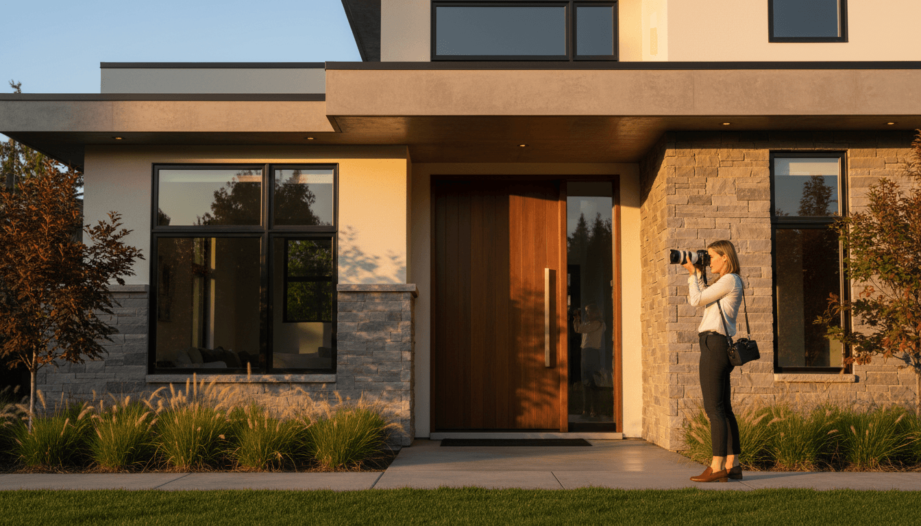 Real estate professional photographing a beautiful home exterior during golden hour