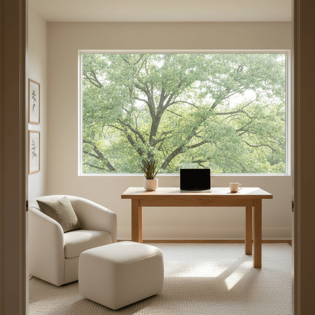 Bright home office workspace with natural light and exterior views