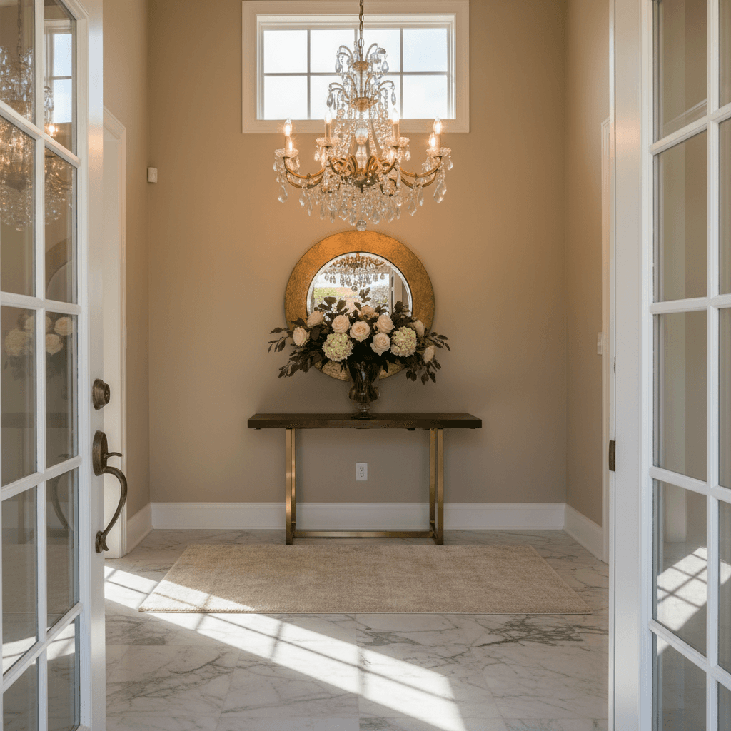 Elegant foyer entrance with marble flooring and chandelier