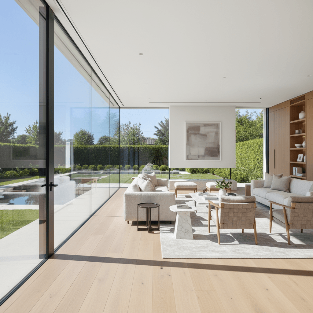 Modern luxury home with open-concept living area and garden views