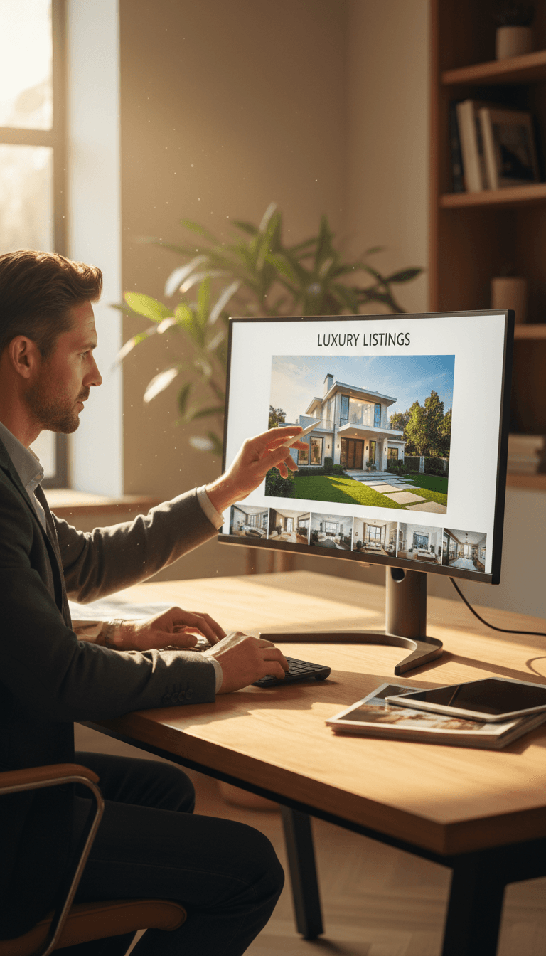 Real estate professional reviewing property media on desktop