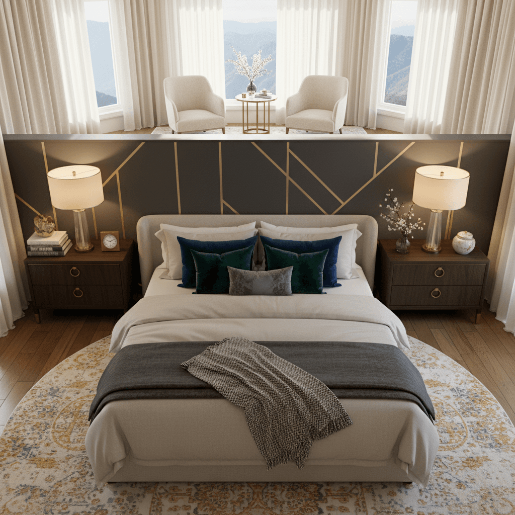 Luxurious primary bedroom with designer staging