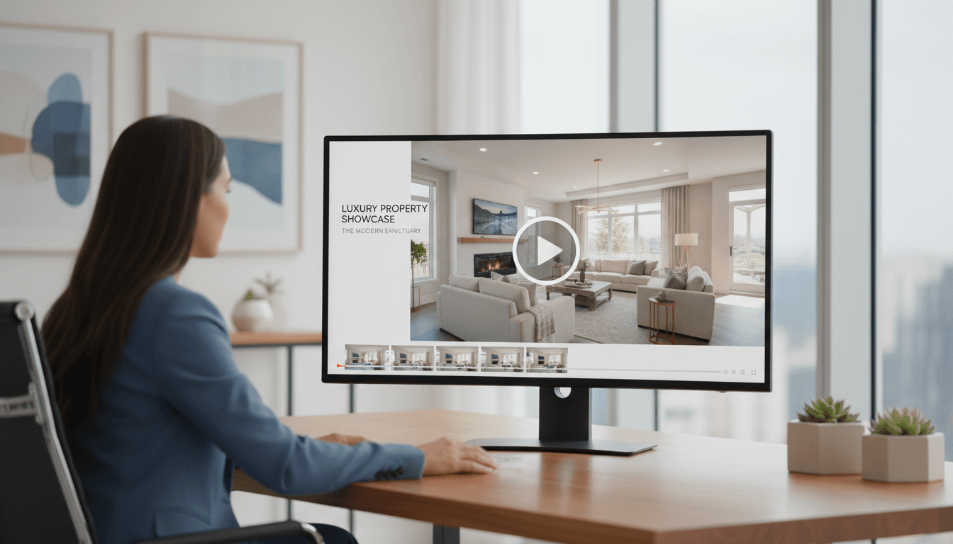 Real estate professional reviewing property listings on a high-resolution monitor displaying professional home photography and video