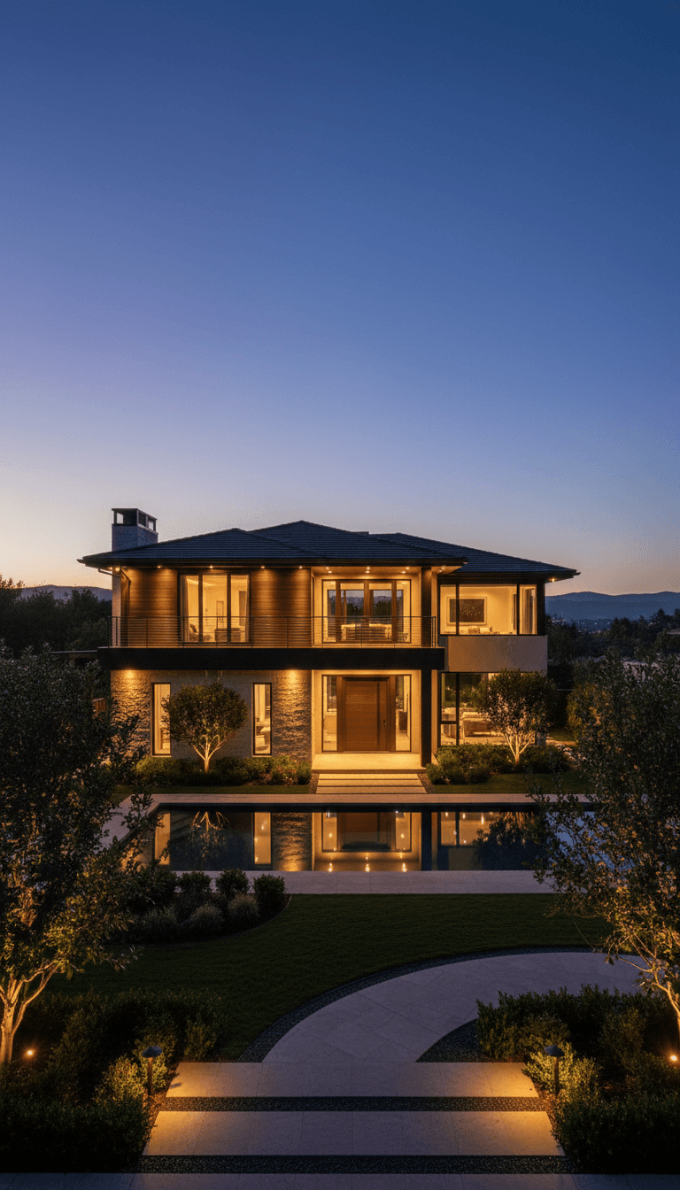 Luxury home exterior professionally lit at twilight