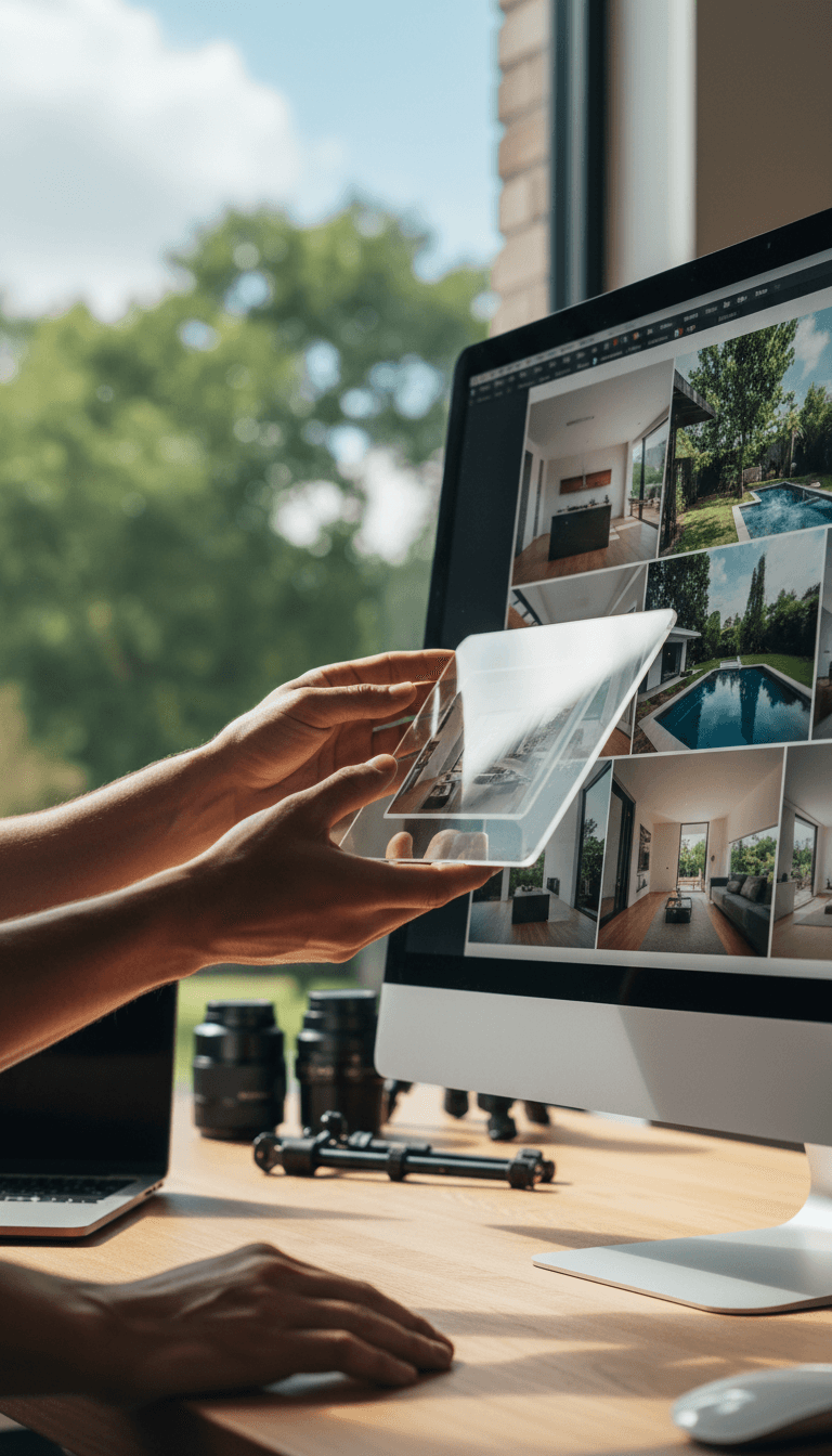 Photographer reviewing high-resolution property images on professional monitor