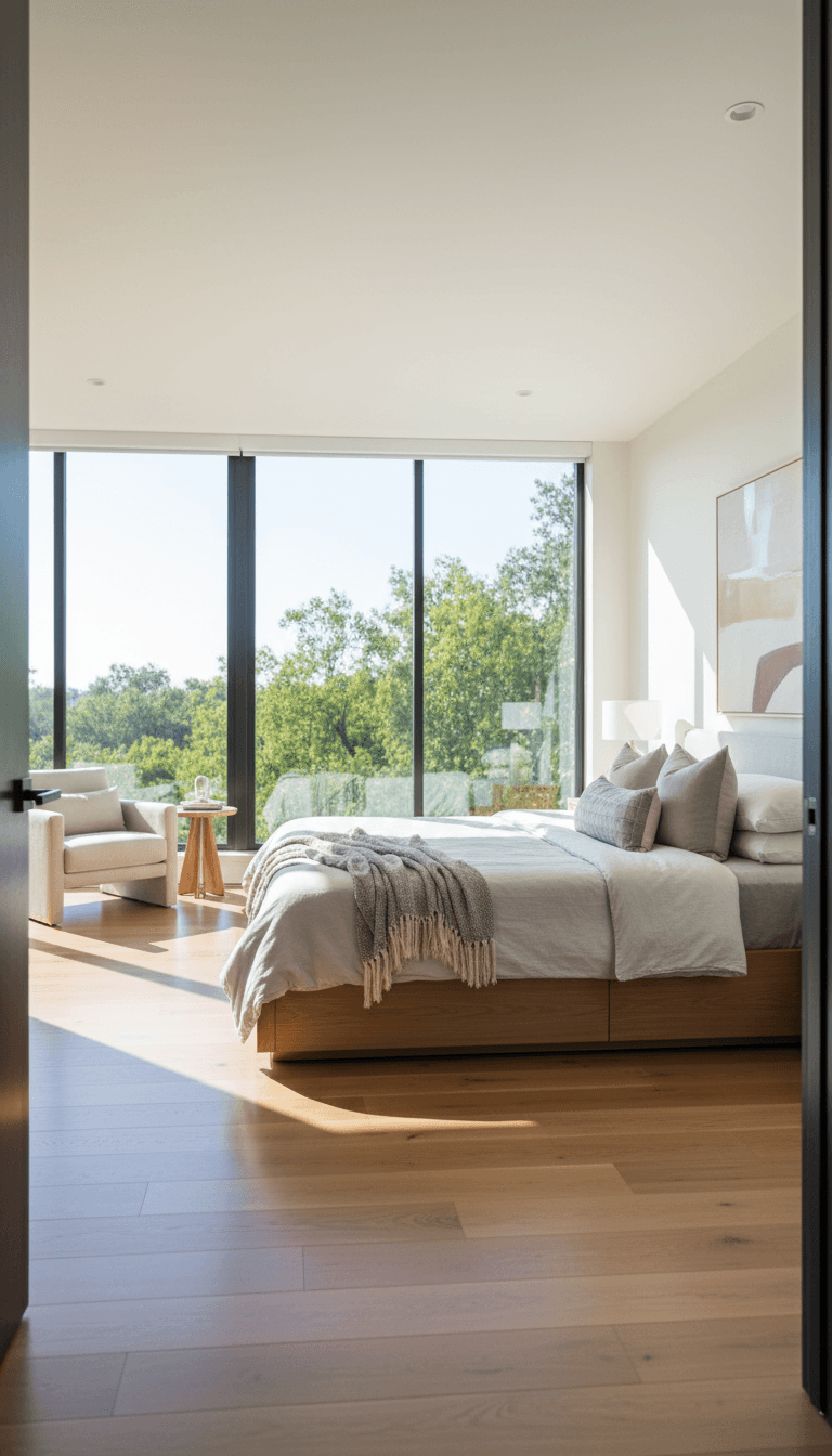 Modern luxury bedroom with natural light and polished hardwood floors