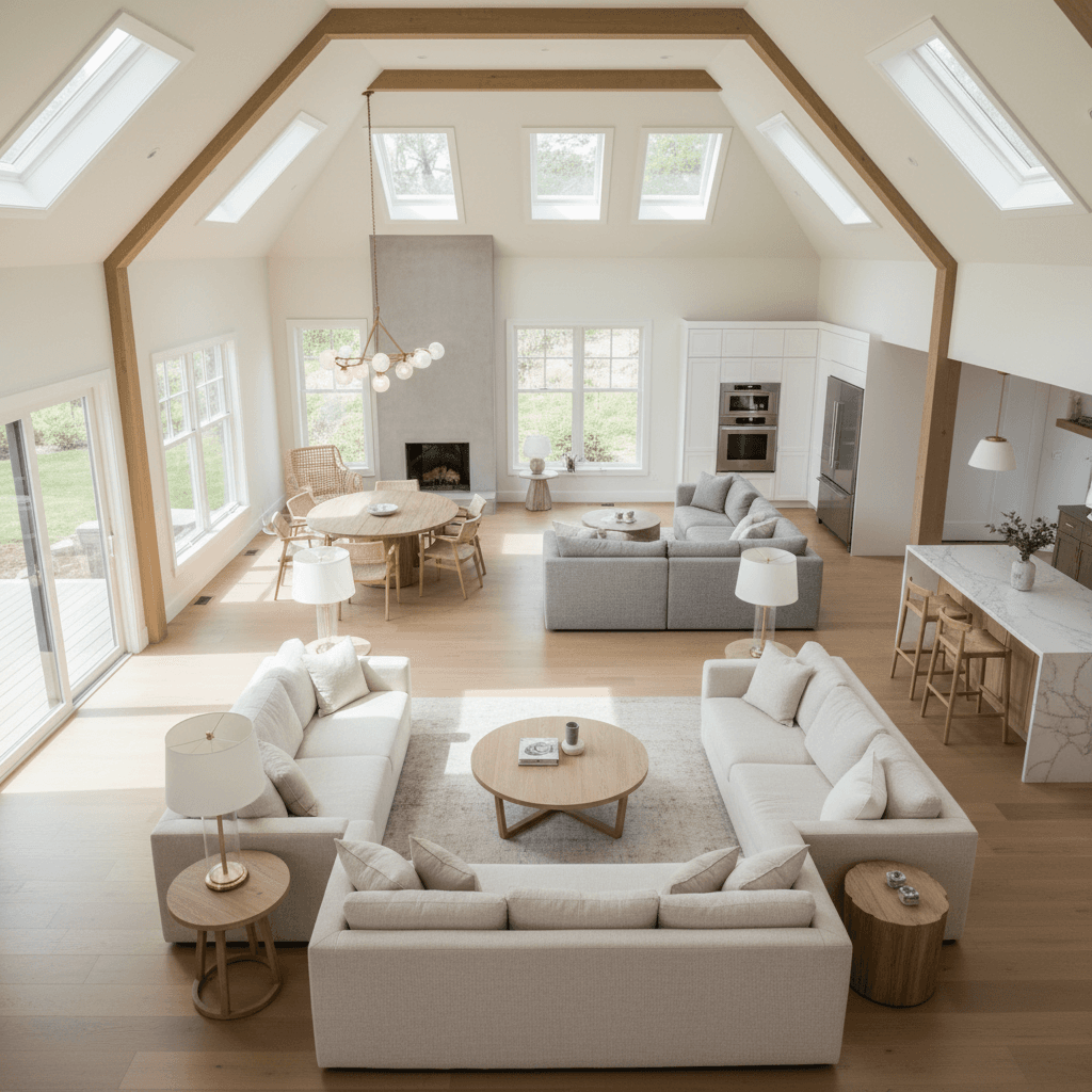 Open-concept living area with skylights and vaulted ceilings