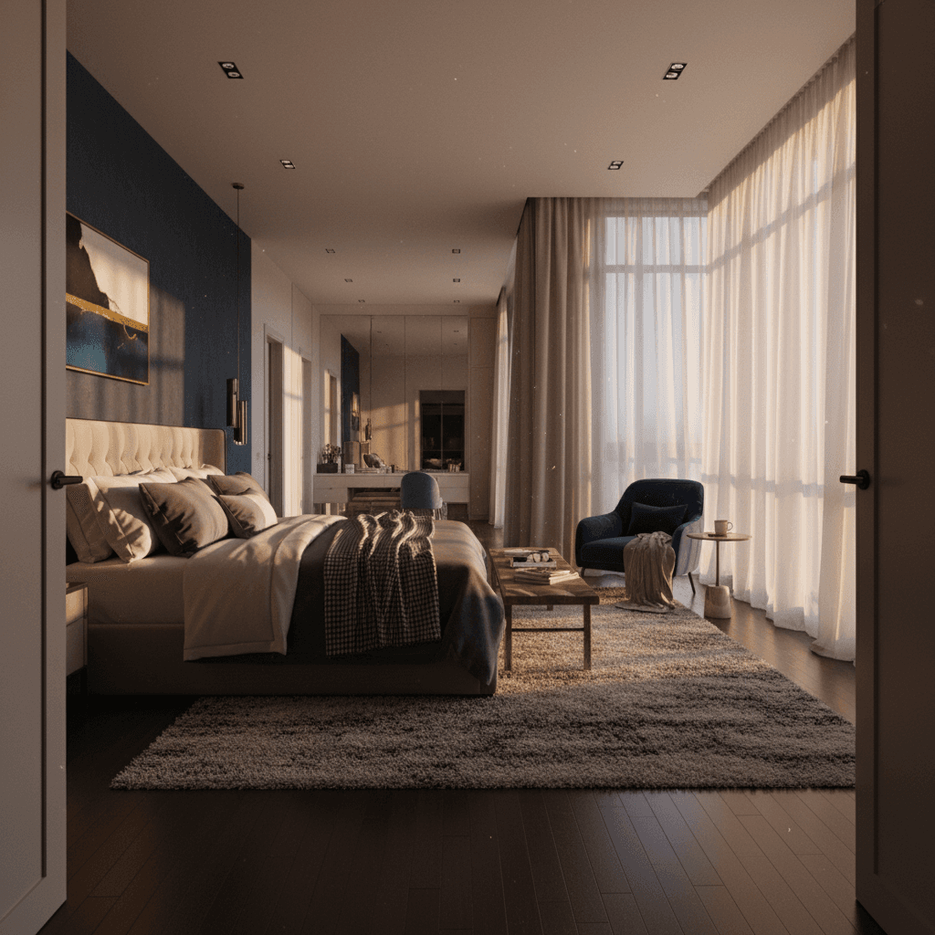 Master bedroom with layered lighting and golden hour ambiance