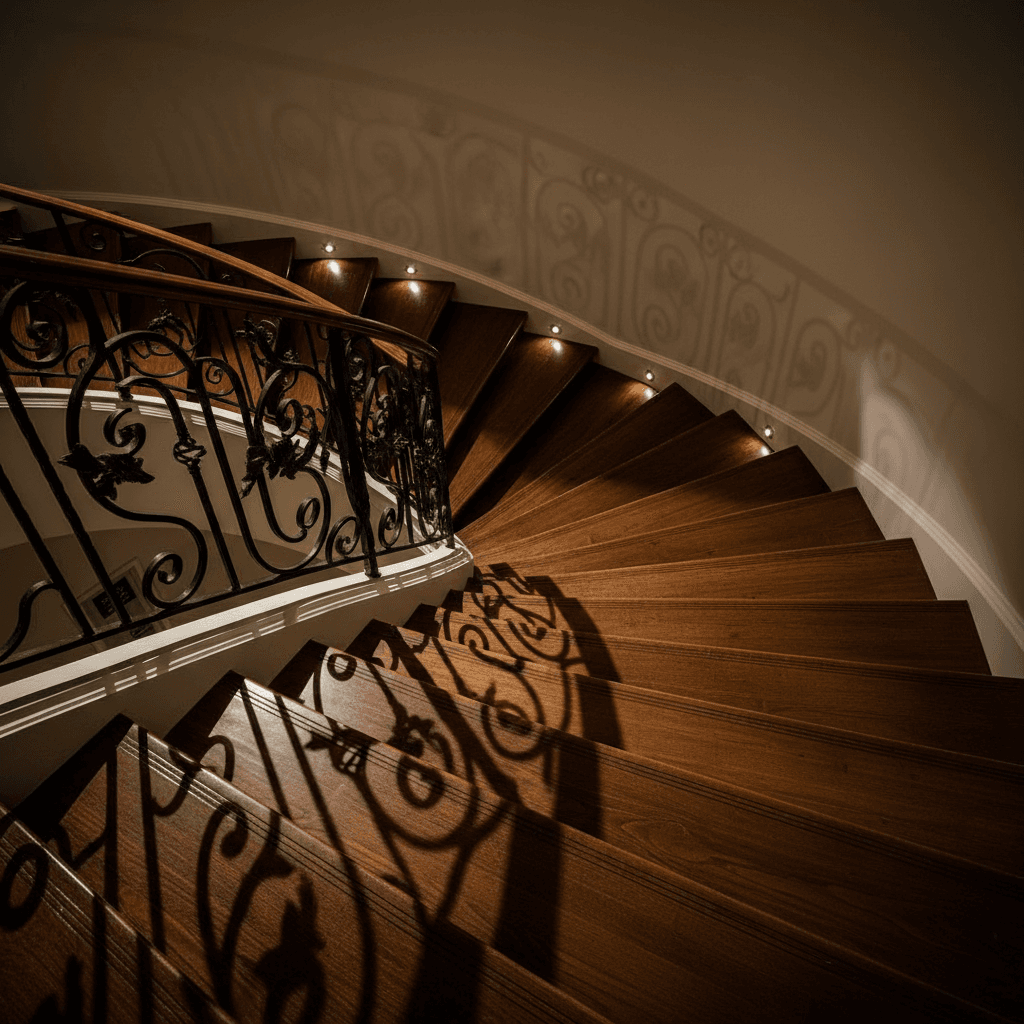 Architectural detail of curved staircase with iron railings