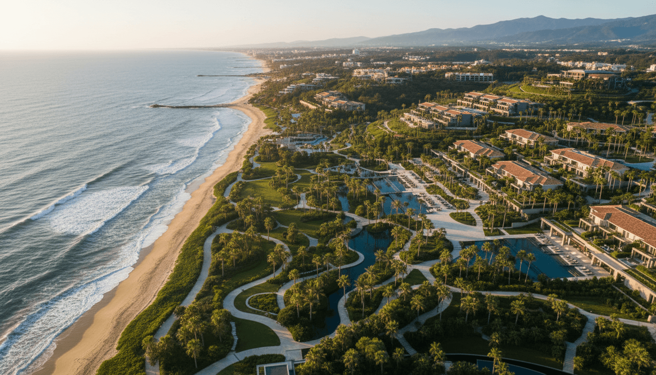 Aerial view of luxury coastal resort showing beachfront, manicured grounds, buildings, and surrounding landscape from elevated perspective