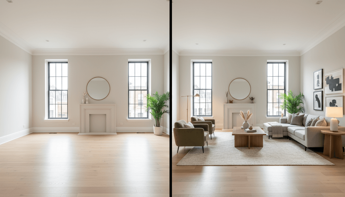 Split-screen before-and-after digital staging of empty living room transformed with contemporary furniture