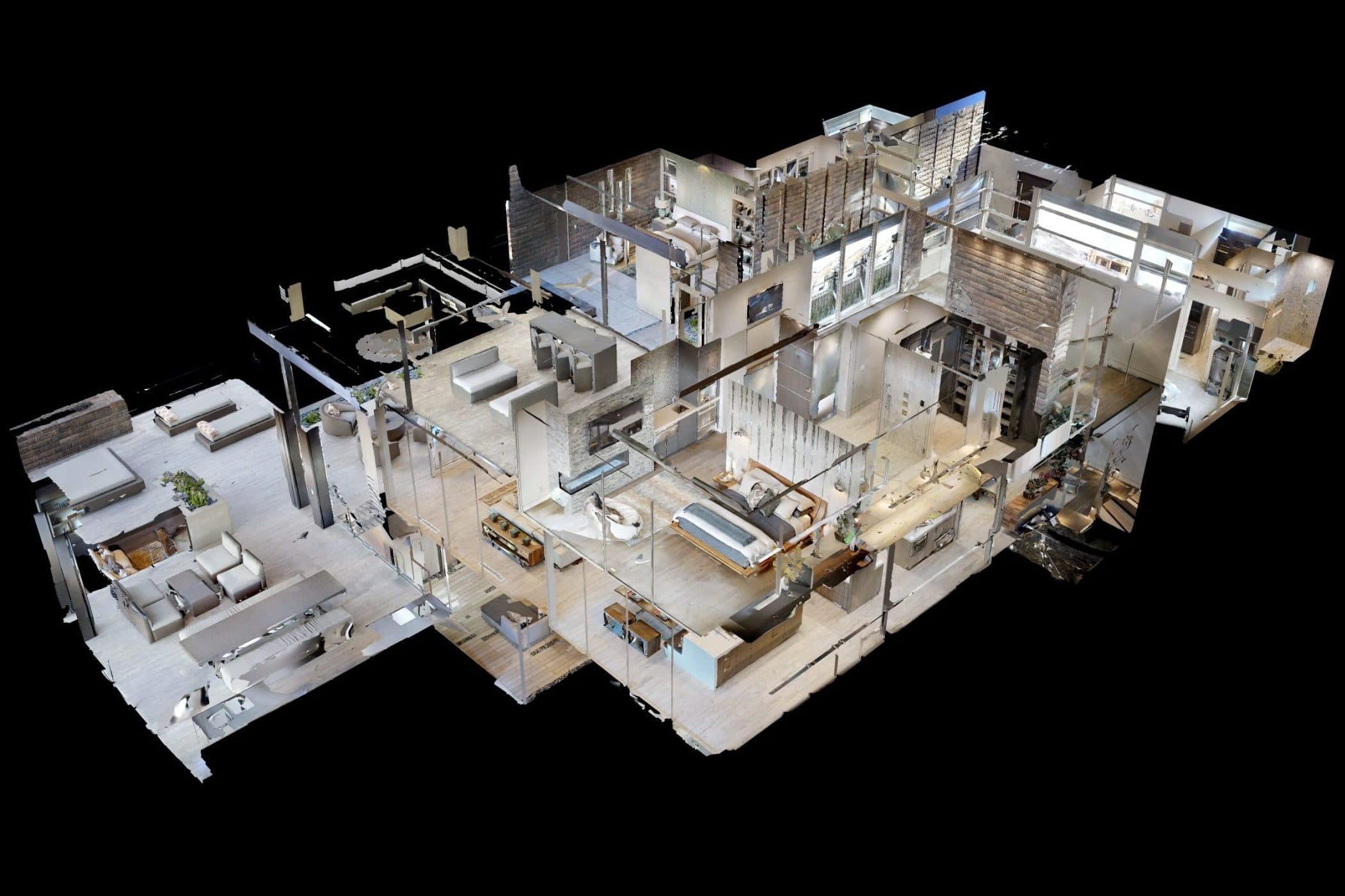 3D dollhouse view of a modern, furnished multi-room house interior against a black background.