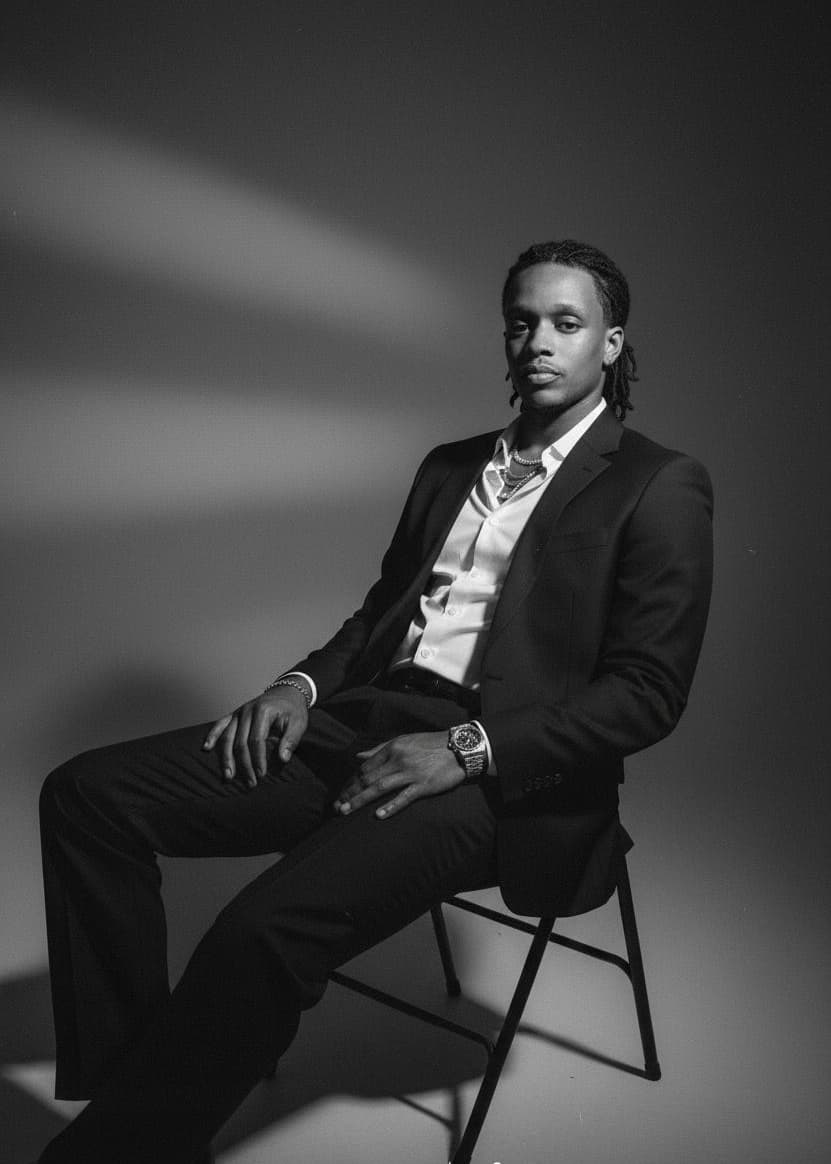 Dramatic black and white studio portrait of a man with braids in a suit.